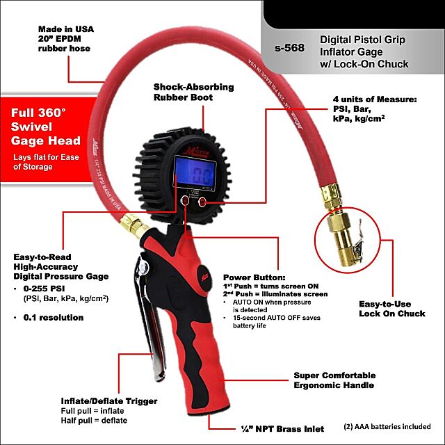 Milton Digital Tire Inflator with Gauge, features and benefits chart
